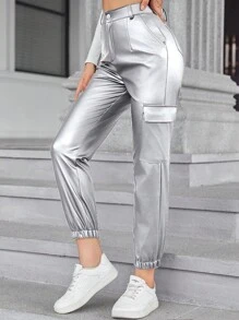 SHEIN VaVaLuxe Quần tiện ích có còng giống như kim loại thời trang - Bạc - Xem 5