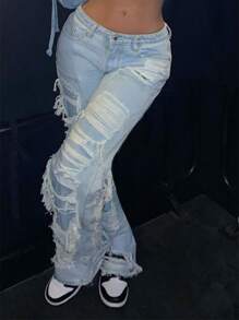 Women's Casual Pockets Double Layer Distressed Straight Leg Jeans - Light Wash - View 4