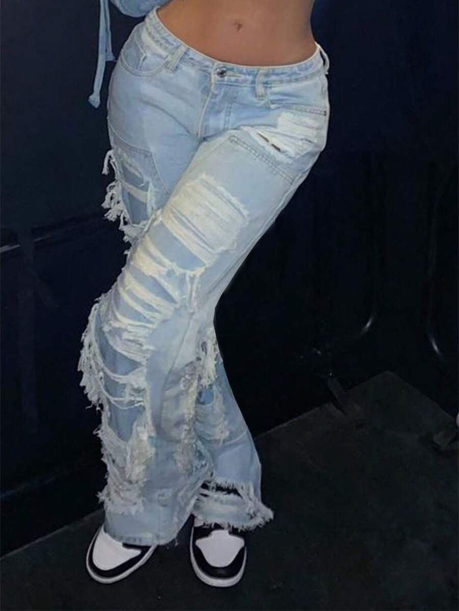Women Street Style Double-Layered Ripped Straight-Leg Jeans - 淺色水洗藍 - 查看 1