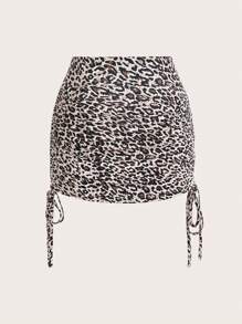 SHEIN EZwear 女士不對稱腰部豹紋褶皱迷你裙 - 卡其色 - 查看 5