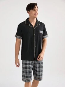 男士方格拼接短袖衛衣和短褲家居服套裝 - 黑色 - 查看 3