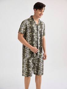 男士隨機印花短袖和短褲家居服套裝 - 棕色 - 查看 3
