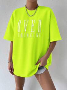 Chiquease 女士夏季休闲 T 恤，带口号印花，圆领和落肩袖图案 T 恤女式上衣 - 綠色 - 查看 5