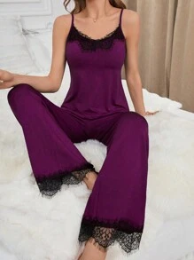 Ladies' Contrast Color Lace Patchwork Spaghetti Strap Top & Long Pants & Belted Robe Pajamas Set, Fall Winter Clothes - Dusty Purple - View 6