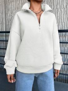 SHEIN Cottnline Women's Solid Colored Turn-Down Collar Drop Shoulder Sweatshirt - White - View 4