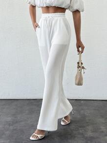 EURMUSE Summer Solid Color Beige High Waist Drawstring Waist Linen Look Wide Leg Pants - White - View 5