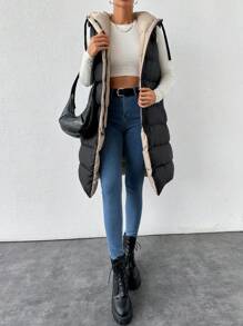 SHEIN Tall Tall Size Zip Up Drawstring Hooded Puffer Vest Coat ,Travel Outfit Airport - Black - View 6