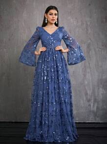 Mgiacy V 领刺绣亮片长袖高端晚礼服，带侧开衩，优雅舞会半正式婚礼宾客礼服，适合生日、毕业典礼、返校节