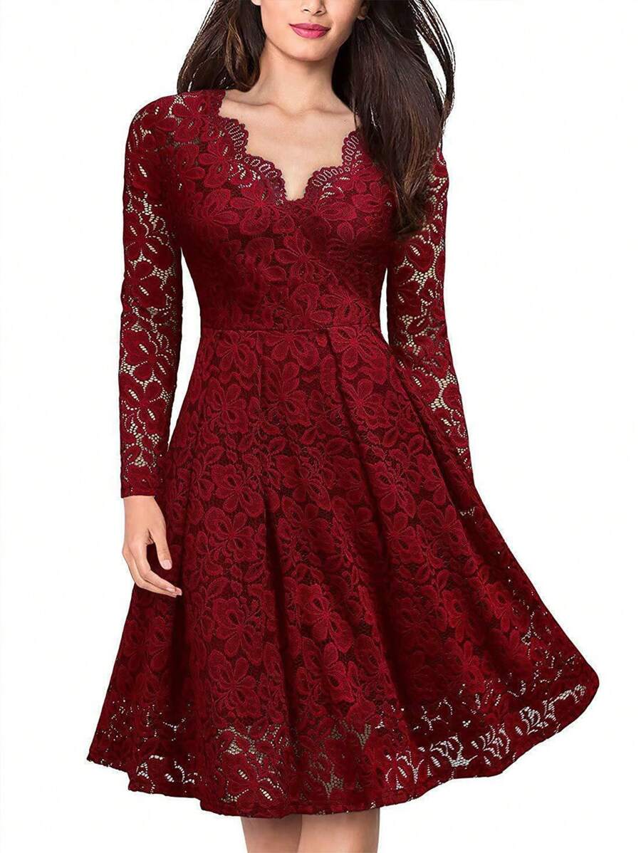 Lace V-Neck Large Swinging Tail A-Line Skirt Women's Dress For Autumn/Winter