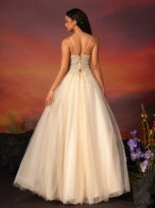 VIPGIRL Elegant Champagne Spaghetti Strap Beaded Tulle High-Slit Gown For Women, Long Formal Evening Dresses For Prom, Party, Wedding Guest, Graduation, And Dinner - Rượu sâm banh - Xem 2