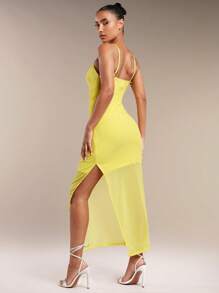 SHEIN BAE Robe cami élégante à fente latérale et dentelle insérée - Jaune citron - Voir 2