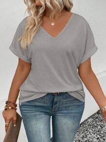 INAWLY T-shirt décontracté pour femme de grande taille à col en V et à manchettes retroussées, coupe décontractée, été