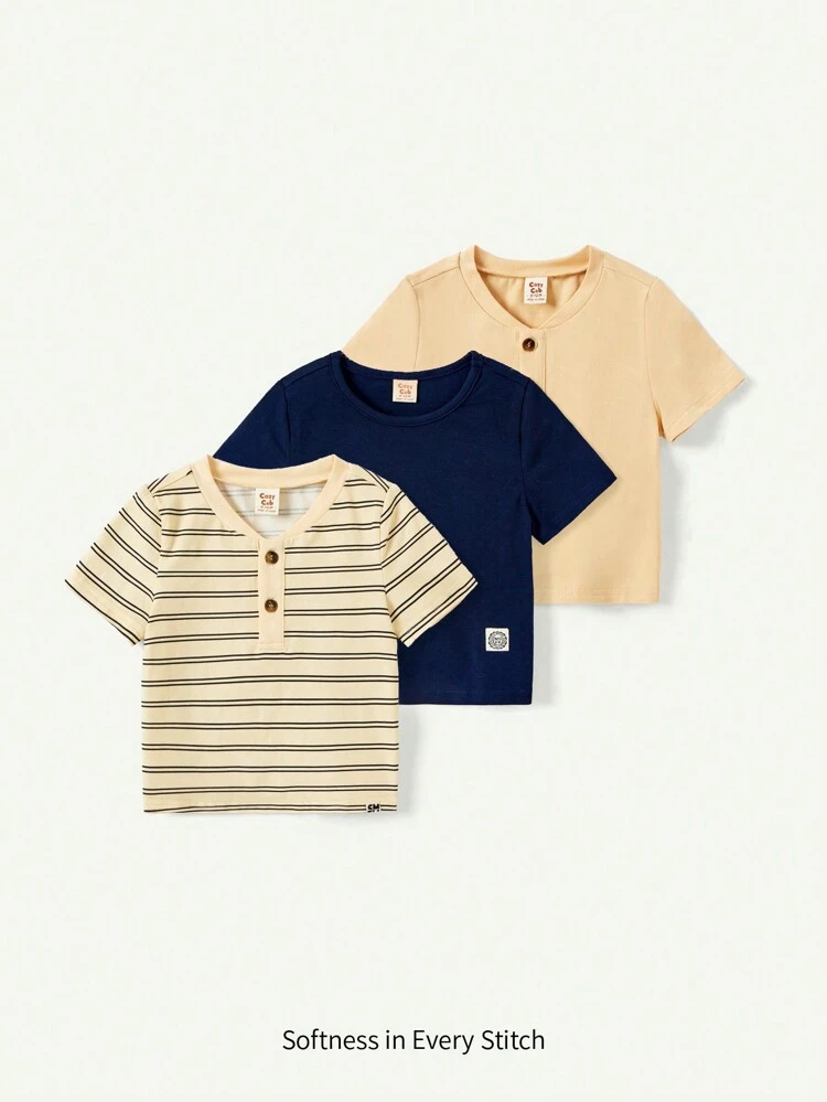 3pcs/Set Baby Boy Striped Pattern & Solid Color Round Neck Half Placket Pullover Tops