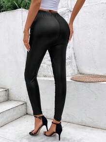 SHEIN Privé Quần legging bó sát màu trơn thời trang nữ - màu đen - Xem 2