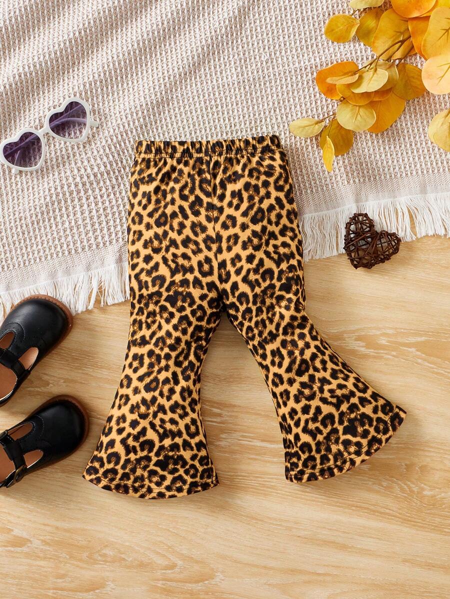 SHEIN Baby Girl Digital Printed Leopard Pattern Flared Pants - Yellow - View 1