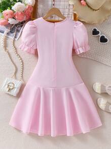 SHEIN Tween Girl Puff Sleeve Buttoned Ruffled Hem Summer Short Sleeve Dress - Pink - View 2