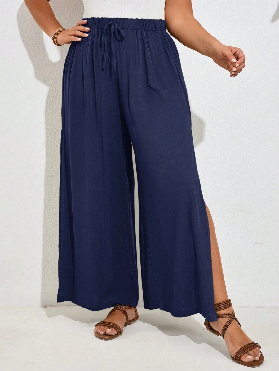 SHEIN Frenchy Pantalon grande taille à fente latérale pour femmes, tenue de festival country, vêtements d'été - Bleu marine - Voir 1