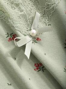 DAZY Lace Patchwork Floral Allover Print Long Sleeve Top And Long Pants Pajama Set With Ruffle Hem - Green - View 7