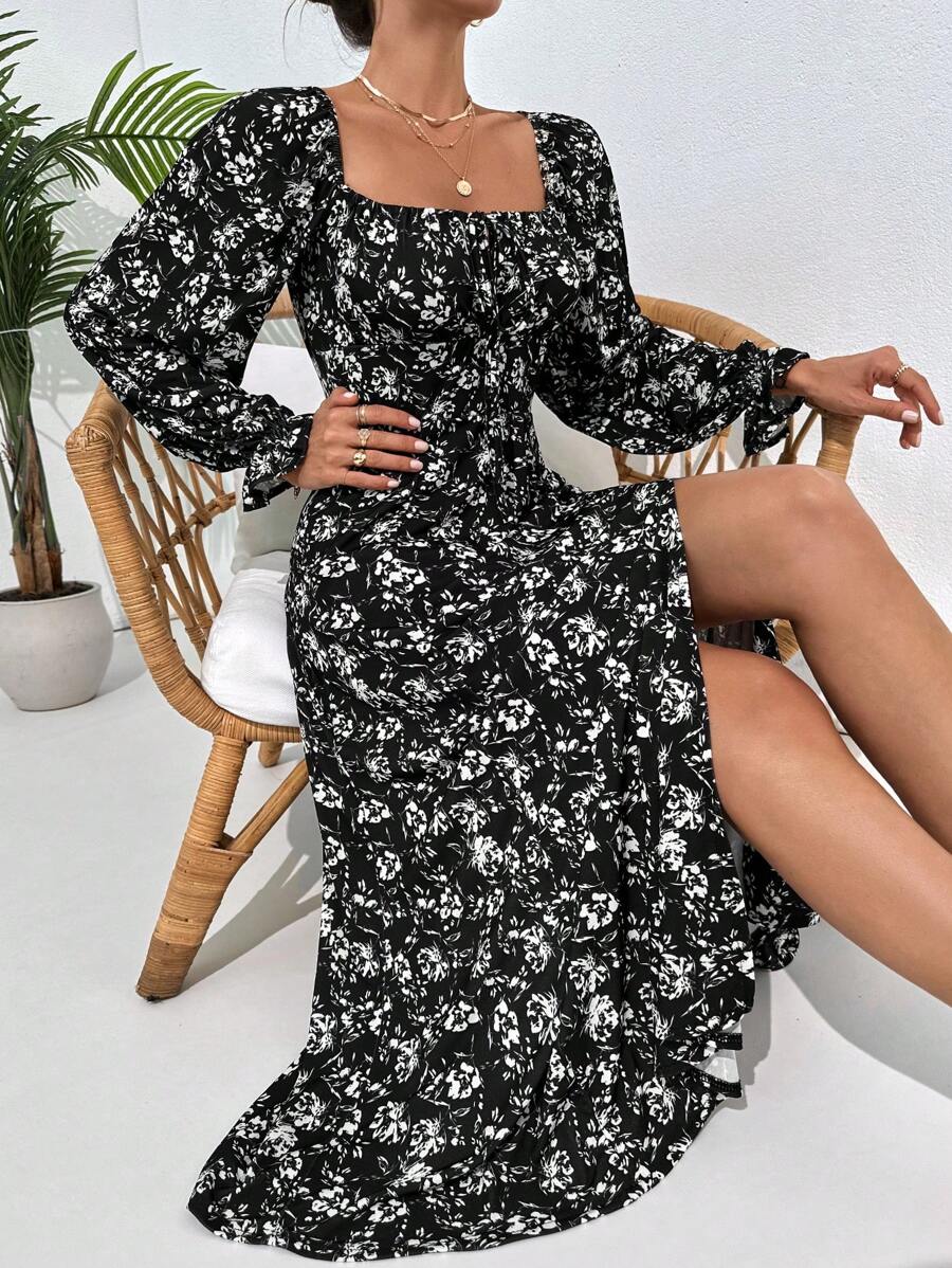 EURMUSE Shirring Bust With Straps Lace-Up Ruffle Long Sleeves Side Split Long Dress - Multicolor - View 1