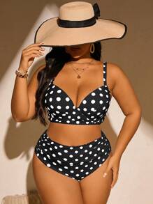 Swim Mod Plus Size Polka Dot Print Vacation Swimwear Bikini Set With Swimming Top And Bottom Summer