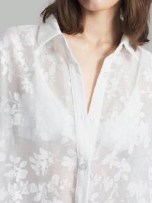 Ontre 女士春夏花卉网眼插肩袖宽松休闲纽扣衬衫、秋季休闲装、返校装、外出服 - 白色 - 查看 8