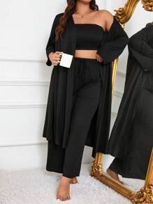 Plus Size 3pcs Soft And Skin-Friendly Plain Pajama Set With Robe & Tube Top And Wide-Leg Pants, Clothes, Cozy Outfit, Fall & Winter - Black - View 8