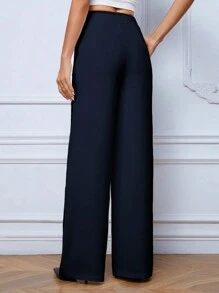 SHEIN Tall Calças Femininas de Cintura Alta e Modelagem Solta em Cor Sólida para o Dia a Dia e Escritório com Bolsos e Pernas Largas - Azul Marinho - Visão 2