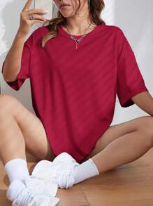 INAWLY Women's Summer Solid Color Round Neck Drop-Shoulder Casual Casual T-Shirt - Red - View 1
