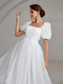 Faeriesty Bride Square Neck Short Sleeve A-Line Wedding Dress For Women – Elegant Bride, Garden Ceremony, Church Wedding, Vintage Styling, Formal Reception - White - View 4