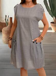 EMERY ROSE 大码女装夏季田园时尚条纹圆领无袖宽松连衣裙 - 杏色 - 查看 3