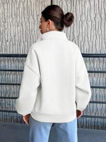 SHEIN Cottnline Women's Solid Colored Turn-Down Collar Drop Shoulder Sweatshirt - White - View 2