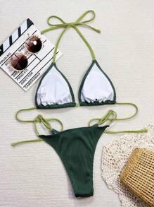 Swim SXY Women's Summer Beach Color Block Halter Neck Tie Sexy Bikini Set