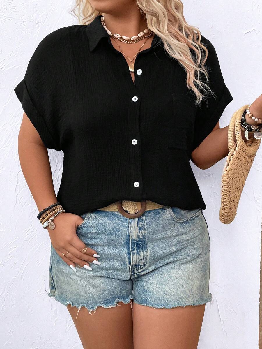 SHEIN LUNE Plus Size Women's Fashion Solid Color Short Sleeve Shirt - Black - View 1