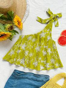 Soleia 女士夏季浪漫花卉刺绣单肩蝴蝶结宽松短款上衣，适合毕业典礼和婚礼 - 綠色 - 查看 1