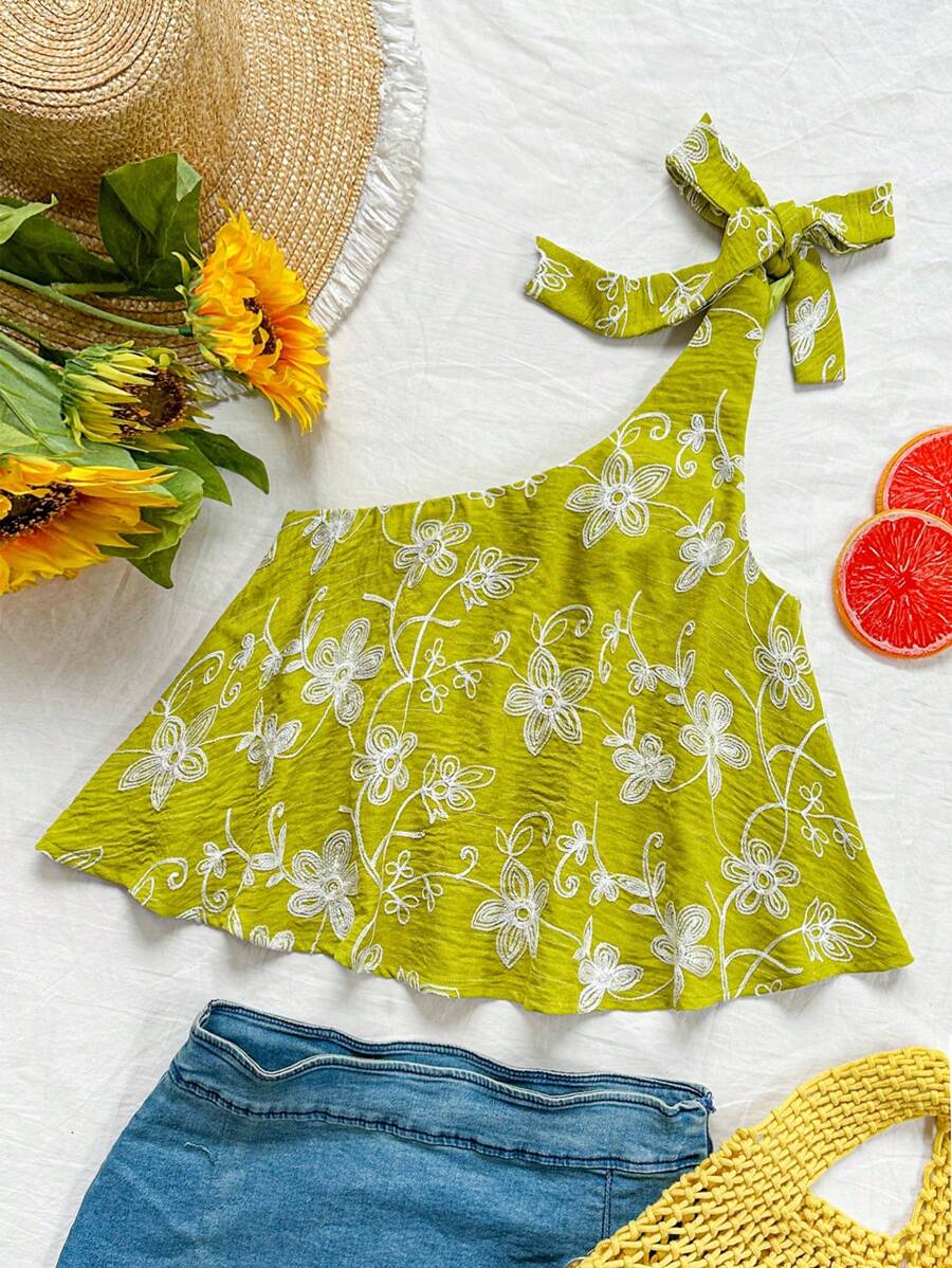 Soleia 女士夏季浪漫花卉刺绣单肩蝴蝶结宽松短款上衣，适合毕业典礼和婚礼 - 綠色 - 查看 1