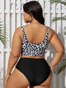 Swim Lushoire Plus Size Women Summer Beach Fashion Leopard Print Tankini Set - Black and White - View 2