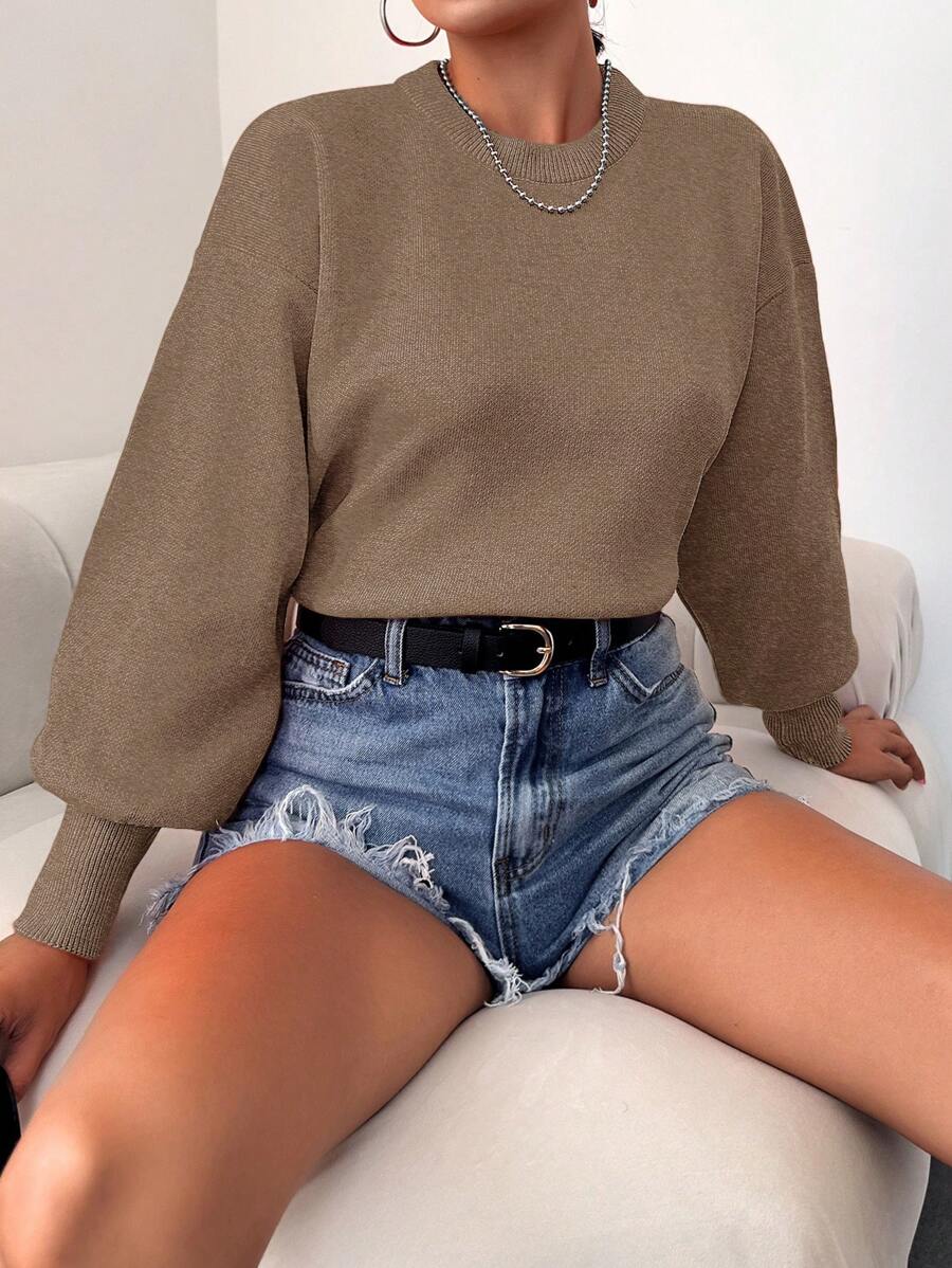 RueChic Solid Drop Shoulder Bishop Sleeve Sweater - Khaki - View 1