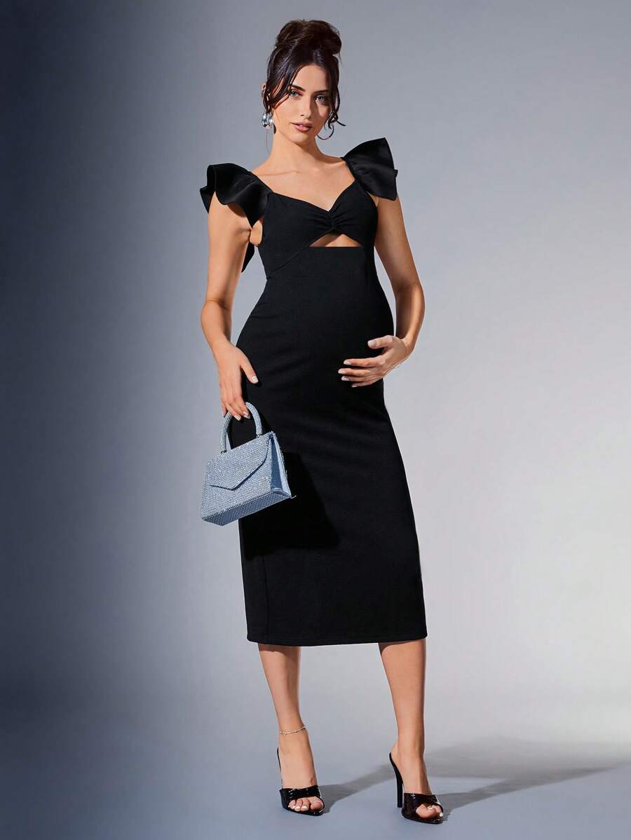 MaterniChic Maternity Cozy Afternoon Cap Sleeve Sweetheart Neckline Hollow Out Knit Solid Color Dress - Black - View 1
