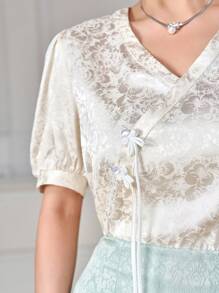 Modelyn Ensemble de vêtements traditionnels chinois Hanfu avec Top à manches courtes avec boucle à col en V et motif floral sombre et jupe, tenue traditionnelle