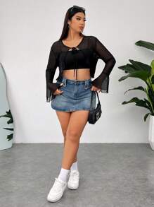 SHEIN EZwear Áo thun tay ngắn cỡ lớn cho nữ có dây buộc phía trước và viền xếp nếp - màu đen - Xem 3