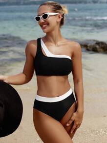 Swim Vcay Women's Summer Beach Color Block One Shoulder Sexy Bikini Set - Black and White - View 6