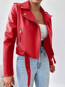 SHEIN Ladies Lapel Zip Cardigan Jacket - Red - View 3