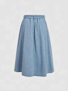SHEIN MOD Váy denim dáng rộng cổ điển cỡ lớn có thắt lưng, màu xanh - Rửa nhẹ - Xem 2