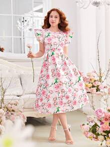 SHEIN Teen Girls' Knit Texture & Jacquard Floral Printed Cap Sleeve A-Line Dress - Multicolor - View 9