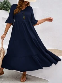 EMERY ROSE 夏季加大碼女裝深V領荷葉袖多層下擺長款黃色連衣裙