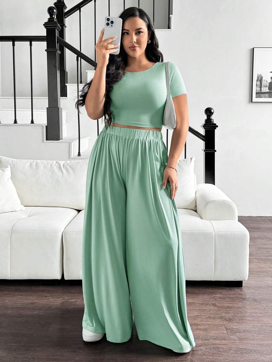 SHEIN Essnce 大码夏季女士休闲套装圆领上衣阔腿裤套装夏季套装 - 綠色 - 查看 1