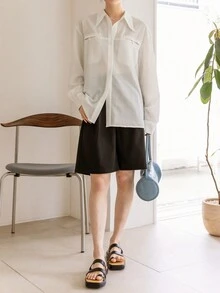 DAZY Camisa con bolsillo oculto con botón delantero de hombros caídos - Blanco - Ver 2