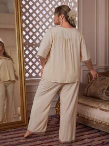 Lace Trimmed Loose Fit Plus Size Short Sleeve Sleepwear Set With Button Front - Apricot - View 2