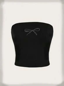 Attitoon Women's Strapless Rhinestone Bowknot Slim Casual Top For Summer - Black - View 2