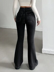 Ladies' Flare Jeans With Pockets - Dark Grey - View 2